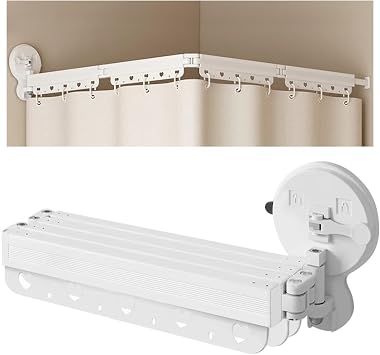 Wall Mounted Folding Shower Curtain Rod Punch-Free Suction Cups 360Collapsible Shower Curtain Rod for Bathroom Corner Bathtub Retractable Laundry Rack 4-Fold 54"