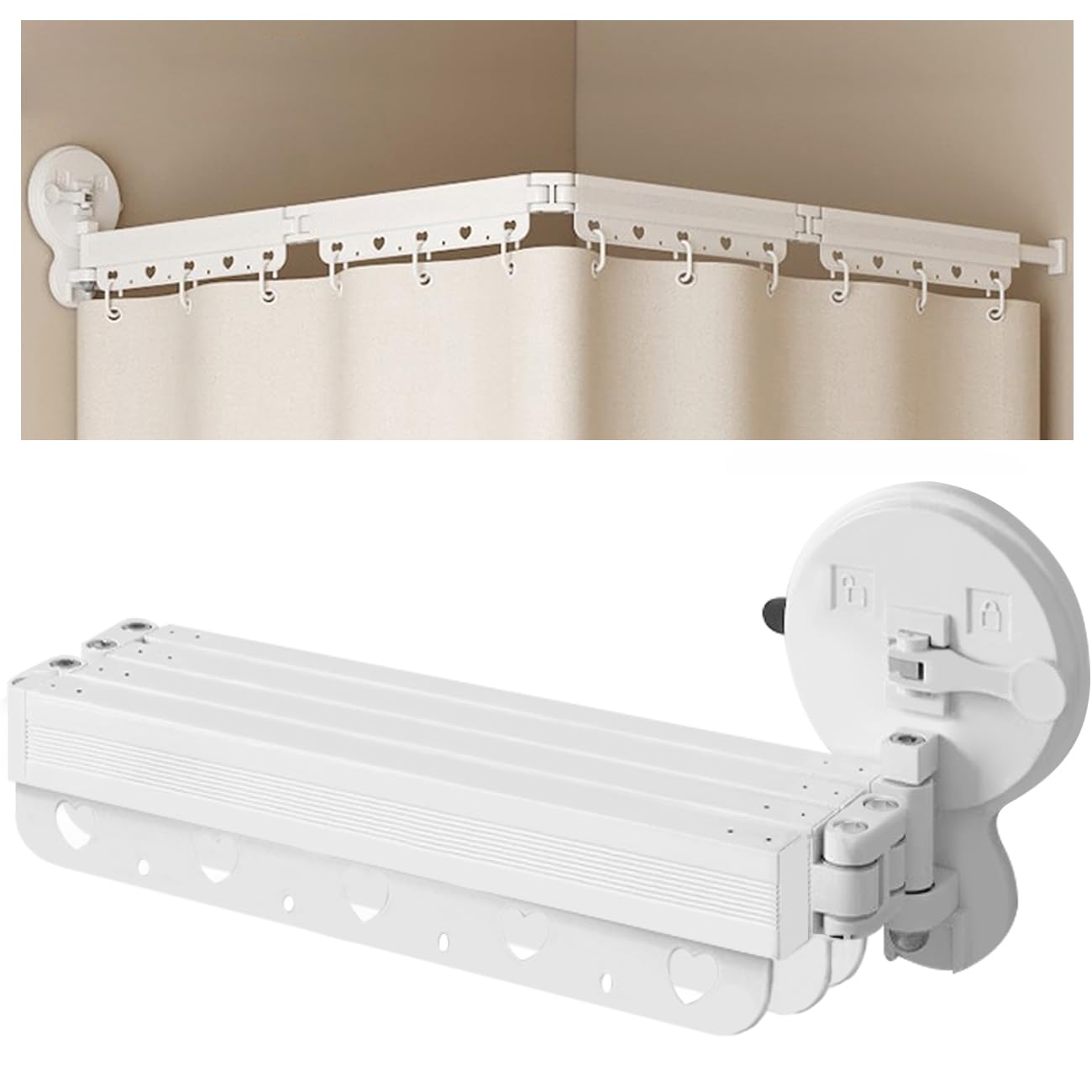 Asta per tenda da doccia pieghevole a parete con ventose senza punzonatura a 360 °, asta per tenda da doccia pieghevole per bagno, vasca da bagno, portabiancheria retrattile, 4 pieghe, 137,2 cm