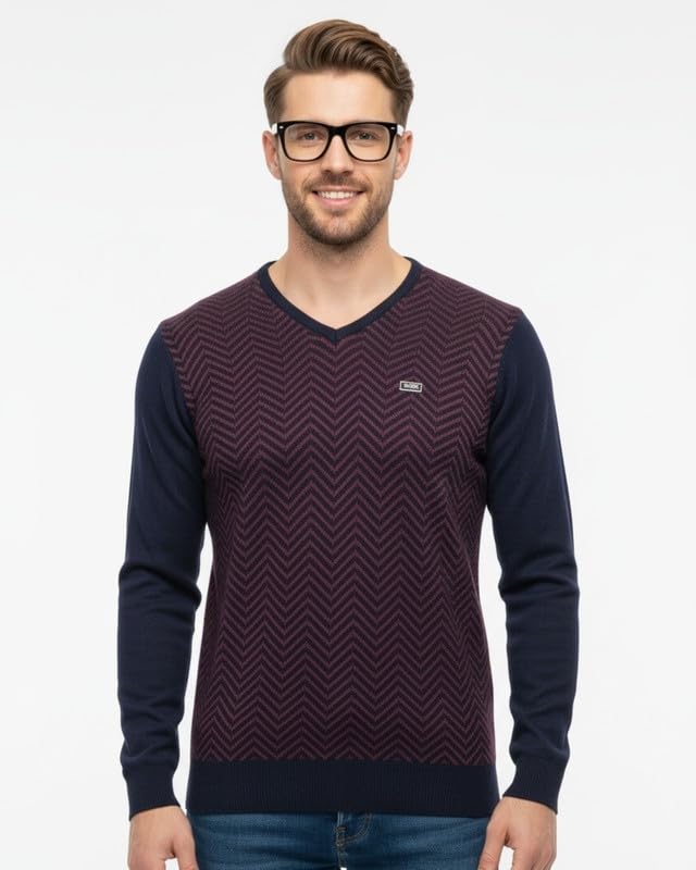 forwards V-Neck Chevron Full-Sleeve Knitted Sweater for Men [Jacquard-Pullover]-picture-32