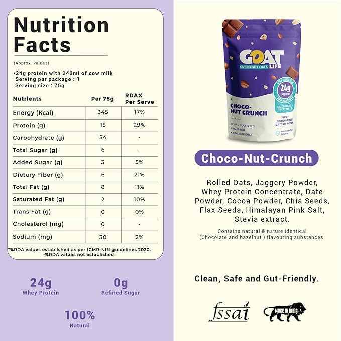 Image of GOAT Life Overnight Oats | 20g Protein | High Fibre | Nutrient-Rich | No Sugar | Gluten-Free & Vegan | Supports Weight Management & Muscle Recovery | Instant Breakfast (Choco Nut Crunch, Pack of 7)