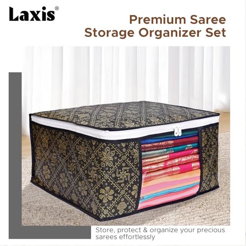 Image of LAXIS Foldable Royal Print Saree Cover Set, Saree Bags, Saree Covers For Storage, Wardrobe Organiser | (Golden-Black, Pack of 3)