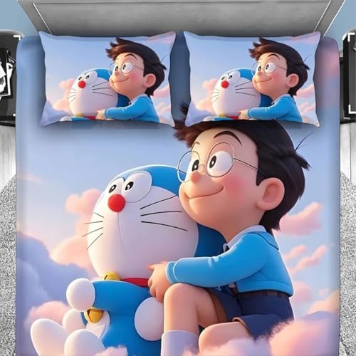 Image of 7D Fairy Tale Doareamon Collection Double Bedsheet 90x100 inch with 2 Pillow Covers | Good Stitching, Soft Fabric & Vibrant 7D Digital Print for Kids & Couples (White)