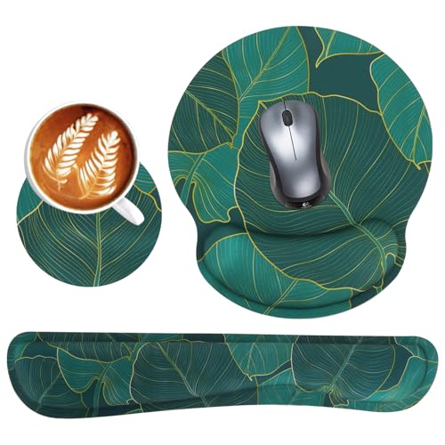 Ensemble de Tapis de Souris 3 en 1, Tapis de Souris Ergonomique + Repose Poignet Clavier + sous - Verres, Mouse Pad Mousse à Mémoire pour Jeux Bureau Etude Maison