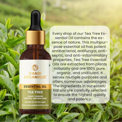 Image of Khadi Organique Tea Tree Essential Oil for Hair & Skin | Pure & Undiluted, Therapeutic Grade | Helps to Fight Acne & Scars, Controls Sebum, Stimulates Hair Growth | For Men & Women - 15 ml
