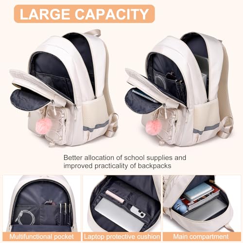 Image of School Backpack for Teen Girls, Cute College Back Pack Women, Kids Backpack | Middle Students School BookBag for Girls, 15.6 Inch Laptop Bag Travel Back Pack, Beige