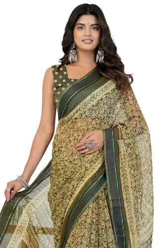 Image of MIRCHI FASHION Women Saree Cotton Blend Leaf Printed | Traditional Festive and Occasional Sari with Unstitched Blouse