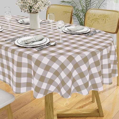 Image of misaya Oval Waterproof Vinyl Table Cloth, Buffalo Flannel Backed Tablecloth, Wipeable Plastic Table Cover for Dinner, Kitchen, Outdoor (60 inch x 102 inch, Khaki and White)