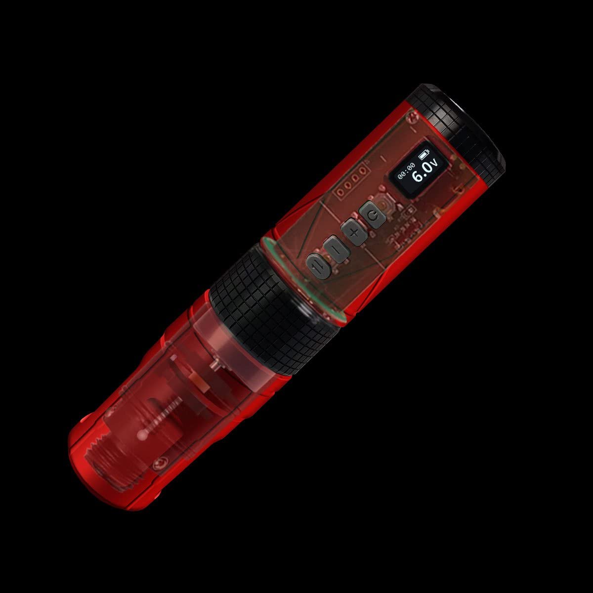 โปร่งใส view of the BRONC V8 Tattoo Machine, showing internal components and control board.