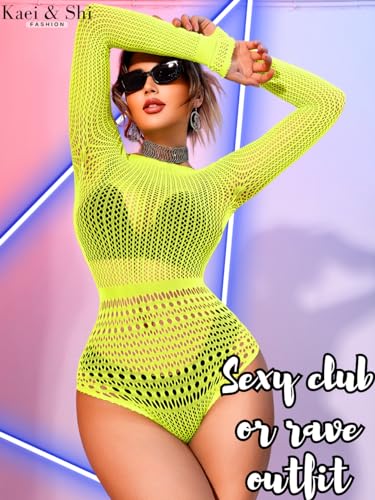 Image of Kaei&Shi Sexy Hollow Rave Outfits, Fishnet Bodysuit Fits US Women Sizes 0-18, Sheer Lace Glow Party Tops Festival Mesh