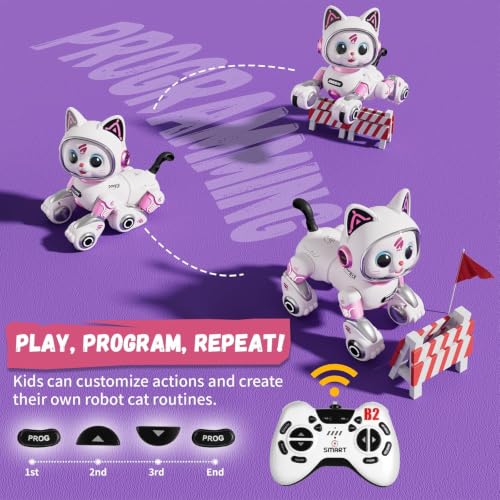 Image of RC Robot Cat Toy with LED Lights - Interactive Walking Singing Dancing Kitty | 2.4GHz RC Astronaut Cat for Kids 3+ Years | Smart Pet Robot with Music & Gesture Control (Pink /White)
