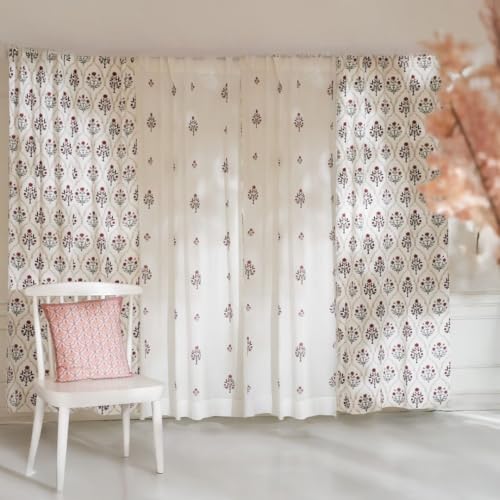 Image of Peepul Tree Pure Cotton and fine Mulmul Curtain Set of 2 Printed and 2 Sheer Curtain | Rust and Maroon | 7 ft | Set of 4 | Royal Courtyards Collection