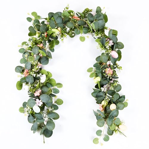 5.9FT Easter Garland with Muticolor Eggs and Eucalyptus Leaves-Artificial Spring Vine Centerpiece Decoration,Farmhouse Hanging Rustic for Mantle Banisters Fireplace Door Tree Indoor Outdoor 1 Pcs