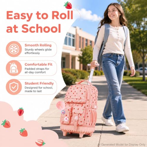 Image of CCJPX Rolling Backpack for Girls, 3Pcs Roller Wheeled School Bookbag, Strawberryra Wheels Backpacks with Lunch Box for Kids (Pink)