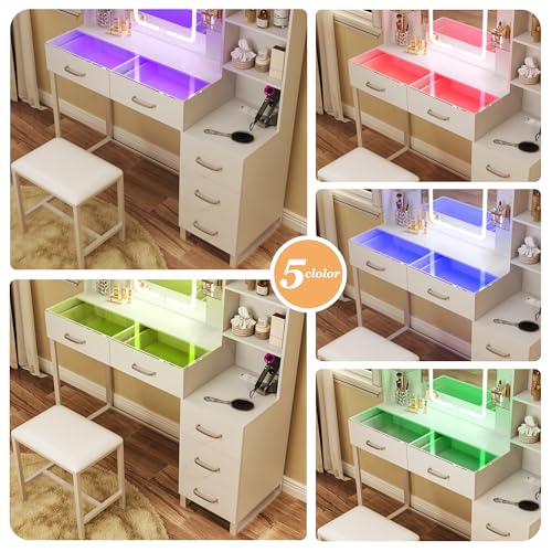 Image of HUAHUU Vanity Desk with Mirror and Lights, 43 inch Makeup Vanity with Glass Top & RGB Ambient Light, Vanity Table Set with 5 Drawers, Power Outlet & Chair for Girls Bedroom, White