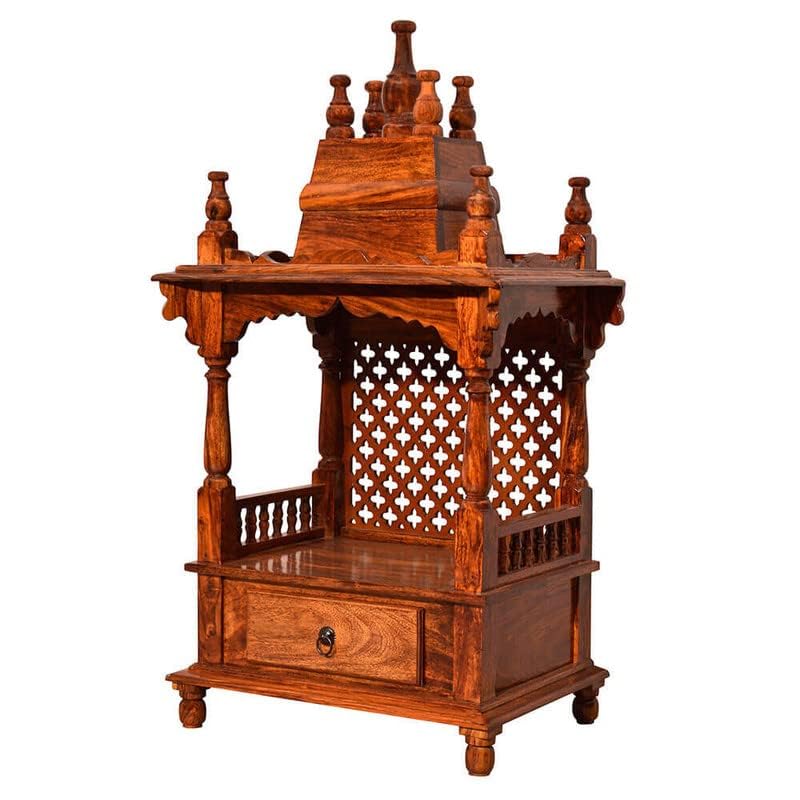 Image of Wudniture Sheesham Wood Handcrafted Home Mandir /Temple (Dark Honey Finish) | Wooden Pooja Mandir for Home & Office