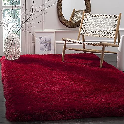 Image of Luxury Shaggy Carpet Solid Plain Fluffy Fur Rectangular Rugs Bedroom Drawing Room 5X8 Feet Microfiber & Polyster Modern Interior Floor Mat Red