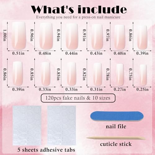 AddFavor Press on Nails Medium Square, 120pcs Fake Nails Press on Medium Square False Nail Pink White Gradient Acrylic Nails with Design for Women Girls