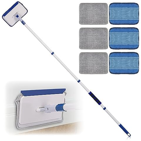 Qaestfy Baseboard Cleaner Tool with Handle, Wall Floor Mop with Extendable Long Handle Duster for Cleaning Window, Floor, Skirting Board, Ceiling, Shower, Tub Tile, Kitchen with 6 Reusable Pads Cover
