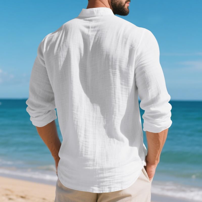 Mens Linen Henley Shirts Casual Long Sleeve Hippie Yoga Tops Lightweight Summer Beach T-Shirt - Image 5
