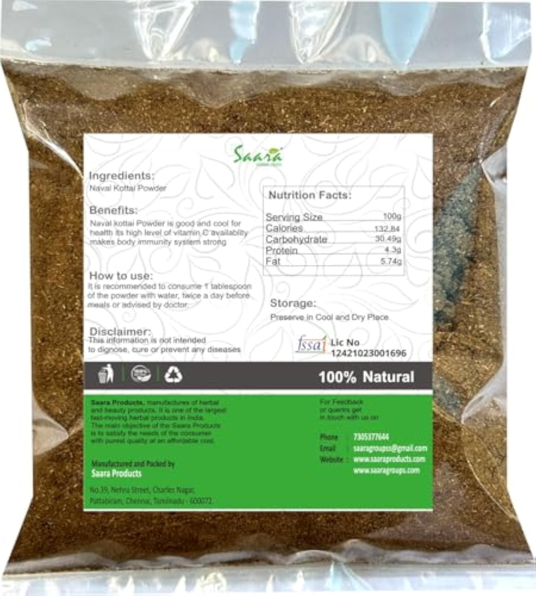 Saara HERBAL FRESH Naval Kottai Powder, 50g