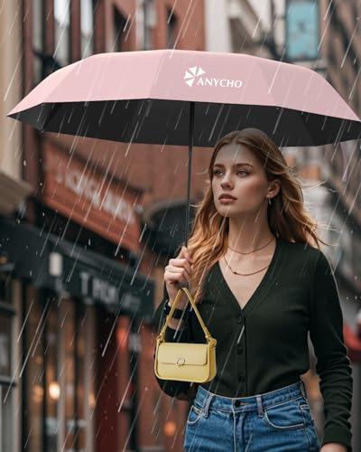 Image of ANYCHO Umbrella for Women 3 Fold with Carabiner Handle - Small Size for UV Protection & Rain - Automatic Pocket Umbrella for Men, Women and Kids