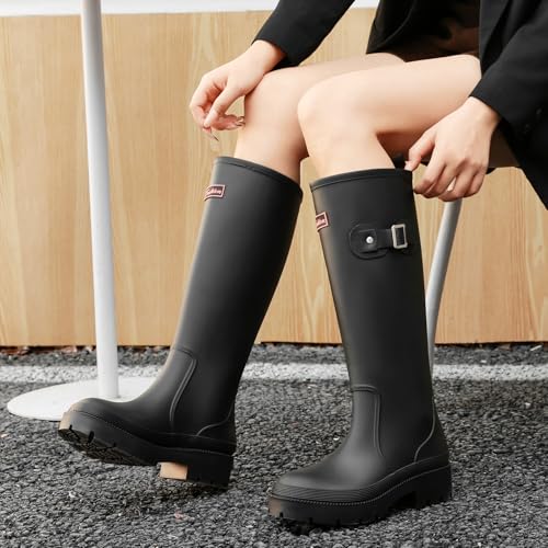 Yenxapei Gummistiefel Damen Lange Stiefel, Original Wasserdicht Hohe Rutschfeste, Sicherheitsstiefel Gummischuhe Bequeme Gartenschuhe Für den Innen- und Außenbereich,Schwarz,37EU