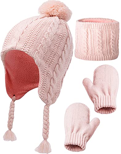 Image of KMOLY Kids Winter Hat Scarf Gloves Set for Girls Boys 3-8 Years,Toddler Earflap Beanie Neck Warmer Mittens Fleece Lined Set