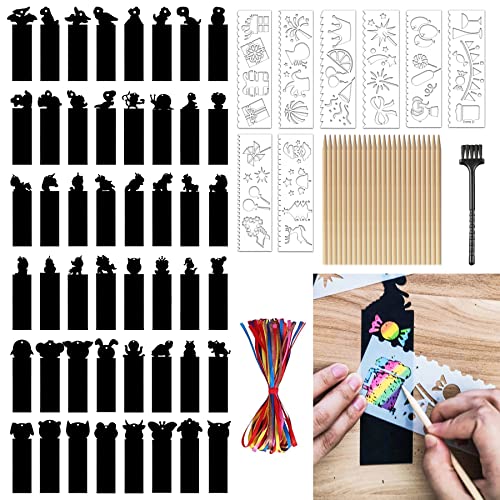 48 Hojas Papel Negro de Rascar Papel Scratch Art, Cuerdas de Colores, 24 Lápices de Madera, 8 Plantilla de Pintura y Cepillo Suave, Conjunto Arte Rascar para Niños, Diseño de Marcadores con Animales Cover