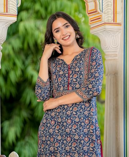 Image of Vbuyz Women Floral Print with Yoke Details Straight Cotton Stitched Kurta
