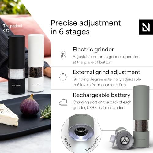 Image of LARS NYSOM Electric Salt and Pepper Grinder Set I Automatic Salt and Pepper Mills with Adjustable Ceramic Grinder I USB Rechargeable Electric Spice Mill Set with LED Light (Ash Gray)