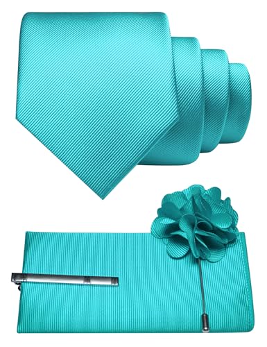 JEMYGINS Formal Necktie Turquoise Tie and Pocket Square with Tie Clip Lapel Pin Sets for Men(24)