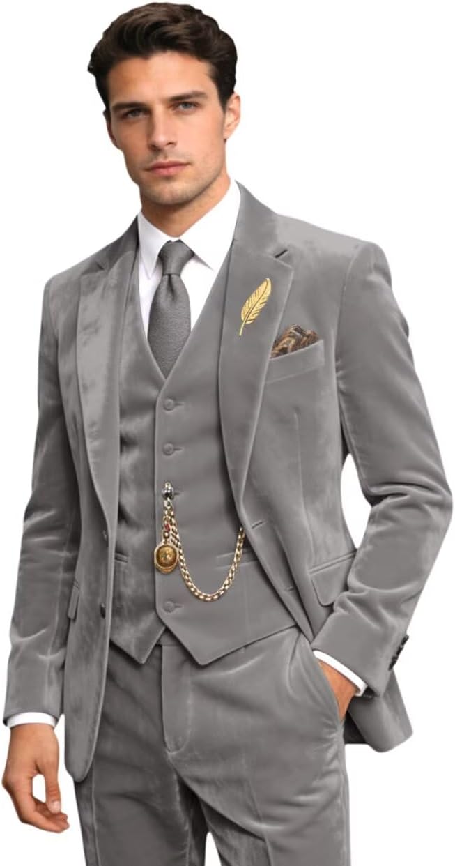 Retro Velvet Mens Suit 3 Piece Set Slim Fit Suits Jacket Blazer Vest Pants Velvet Tuxedos Sets for Men Wedding Prom Party