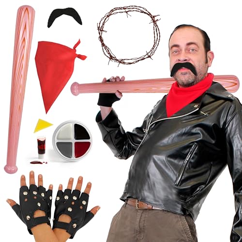 Ensemble de costumes inspiré de Négan - Veste d'aspect cuir, bandana rouge, chauve-souris gonflable et moustache pour adulte - Déguisement et cosplay - XXL