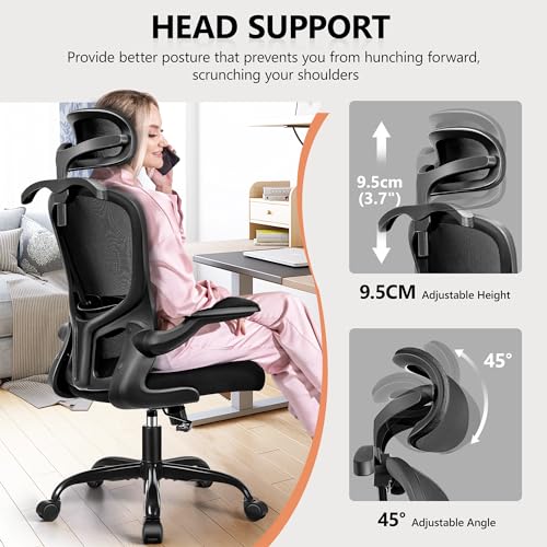 FelixKing Office Chair with Headrest, Ergonomic Desk Chair with Wheels, Task Swivel Comfy Chair with Adjustable Lumbar Support, Breathable Mesh Computer Chair with flip-up Armrests for Home (Black)