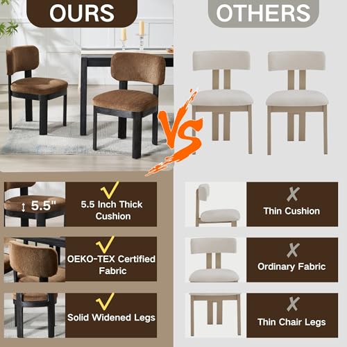 Wahson Brown Upholstered Dining Chairs Set of 2, Mid Century Modern Fabric Dining Room Chairs with Hardwood Legs and Padded Back, Farmhouse Kitchen Chair Cozy Accent Chair