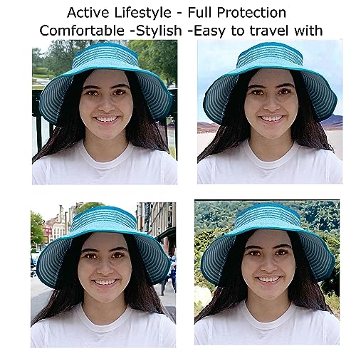 Silverfever Womens Summer Foldable Wide Brim Visor Hat W Bowtie Uv Sunblock Upf 50 - Foldable-Fits All (Turquoise Stripes) #TOP6