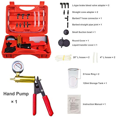 CARSC Hand Held Vacuum Pump Tester Set Vacuum Gauge and Brake Bleeder Kit for Automotive with Adapters Case