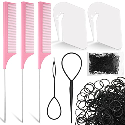 7 Pieces Rat Tail Combs Stainless Steel Teasing Comb Topsy Hair Tail Tool French Braid Tool Loop Hair Rubber Bands Remover Cutters and Mini Rubber Bands Black Elastic Bands for Hair Styling