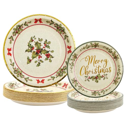 ceiba tree 48 Pack Christmas Paper Plates 24 Pcs 9" Disposable Paper Dinner Plates 24 PCS 7" Dessert Plates Christmas Holly Dinnerware Set for 24 Guests Party Supplies – Image 3