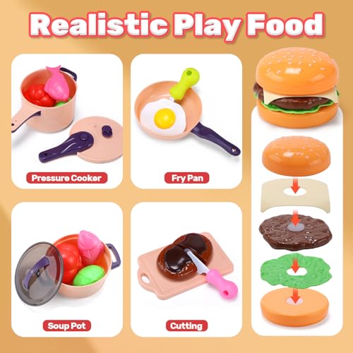 Image of HOLYFUN Play Kitchen Sink with Running Water, Water Table Toy, Sink Toy with Functional Faucet, Play Food, Pots & Pans Kitchen Accessories, Realistic Pretend Play Gift Set for Toddlers and Kids (Pink)