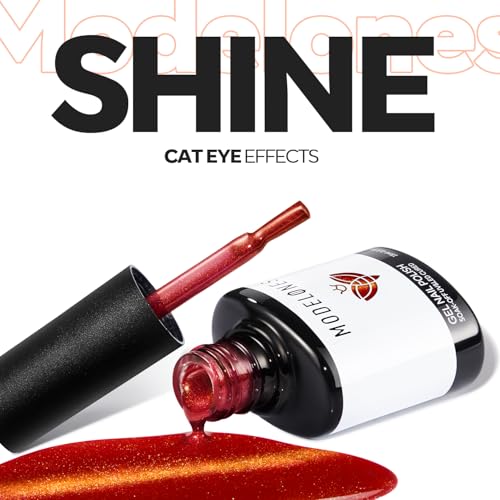 Image of modelones Red Cat Eye Gel Nail Polish Glod Magnetic Glitter Holographic Red Ruby Gel Polish Reflective Jelly Translucent UV Gel Manicure 15 ML
