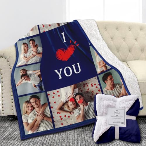 Custom Sherpa Fleece Blanket with Photos Text - Soft, Warm & Fuzzy Personalized Couples Gifts for Boyfriend, Girlfriend - Customized Picture Blanket for Birthday, Anniversary, Christmas