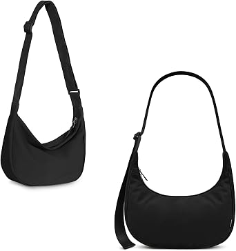 Iioscre Medium Nylon Crossbody Crescent Bag for Women Men, 2 Zippers Crossbody Hobo Bag with Adjustable Strap & Inner Pockets