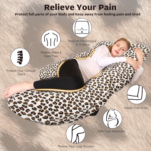 Image of Chilling Home Pregnancy Pillow, J Shape Pregnancy Pillows for Sleeping, Body Pillows for Adults, Maternity Pillow for Pregnant Women, with Velvet Removable Cover, Leopard Print
