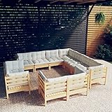 WHOPBXGAD Gartenmöbel-Set, lässig, Gartenmöbel, 11-teilig, mit cremefarbenen Kissen, solides Kiefernholz, geeignet für Gärten, Terrassen