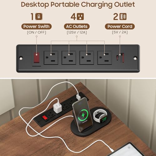 Image of Vabches Wood L Shaped Executive Desk with 6 Drawers, Farmhouse Home Office Desk with Power Outlets and Triangle Under-Desk Storage Shelf & Drawer File Cabinet, Corner Computer Desk, Brown