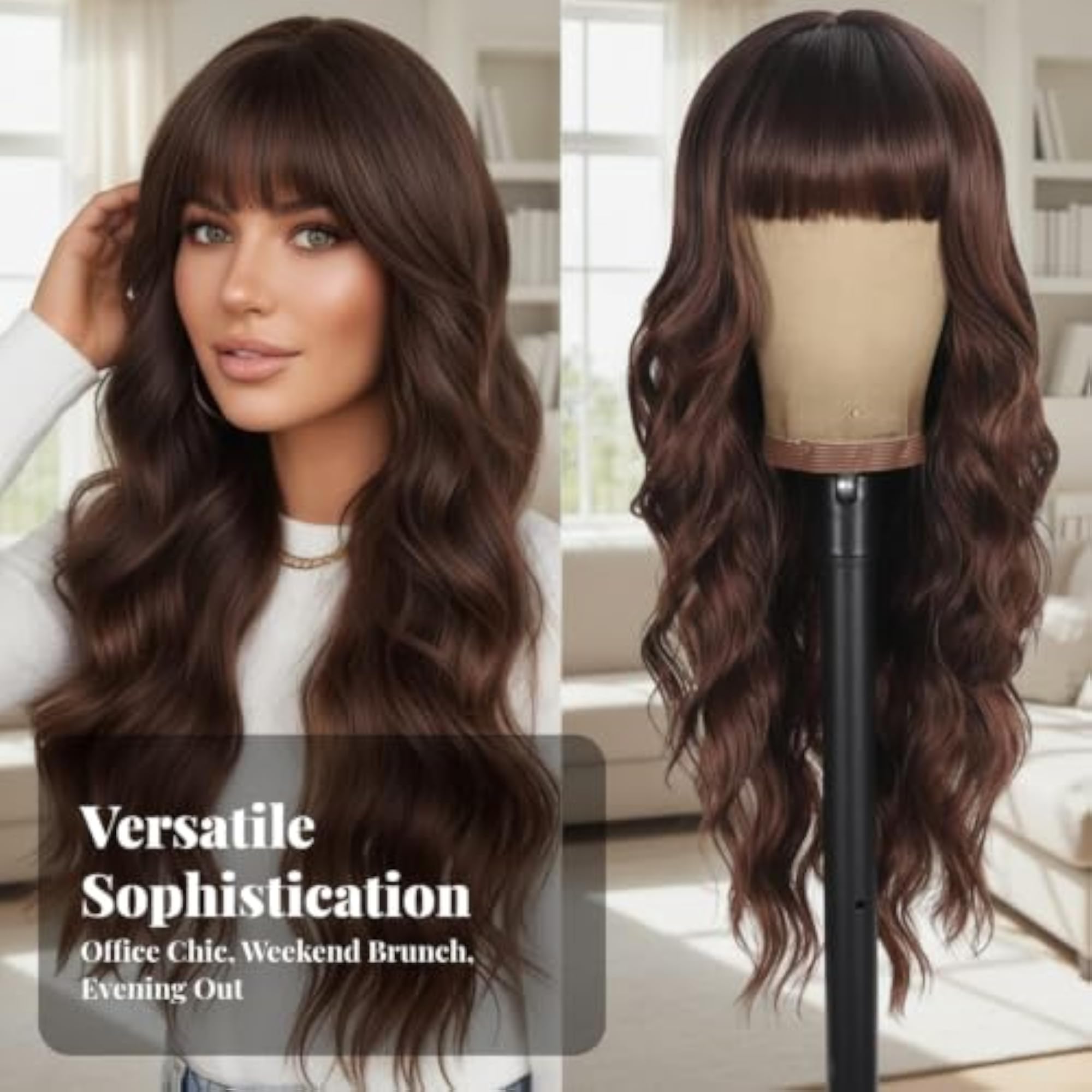 Women's Heat-Resistant Long Wavy Synthetic Hairpiece with Bangs