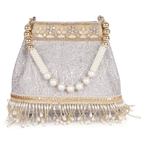 Image of Nevis PU Silk Fabric Women's Embellished Potli Bag with Pearl Handle & Fringe Detailing | Designe Wedding & Festive Handbag