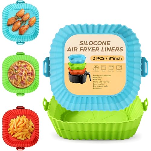 Image of Air Fryer Liners Pack of 2 - Square 8 Inch Silicone Air Fryer Liner, Reusable Baking Tray, Food Grade BPA Free, Heat Resistant 240C, Nonstick Pot with Handles, Fits 4-7 QT-Multicolor