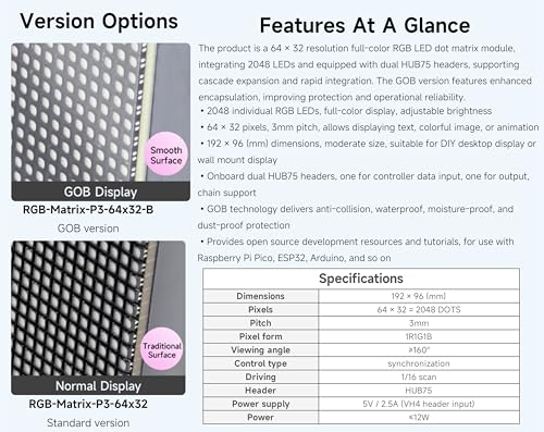 Image of 2048 RGB Full-Color LED Matrix Panel, 3mm Pitch, 64 x 32 Pixels Display Screen Compatible with Raspberry Pi 5 /4B /Zero 2W /Zero / Pico 2W /Pico 2W, ESP32, Support Adjustable Brightness,GOB-Waterproof